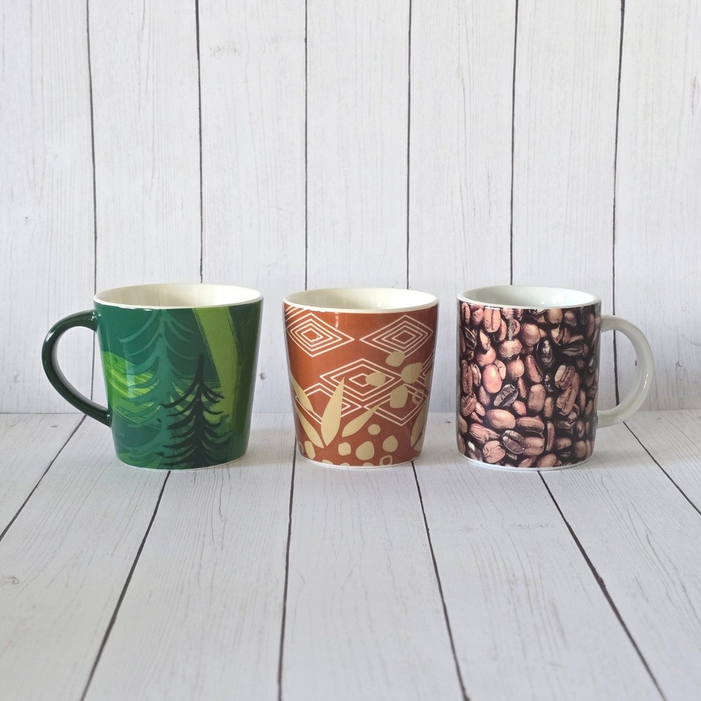 Starbucks Espresso Demitasse Cups Set of 3 Multicolor Beans Ethiopia Green Trees